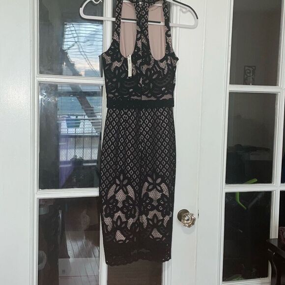 ASOS floral lace halter bodycon midi pencil black dress w/ high neckline size 6 - Picture 2 of 16
